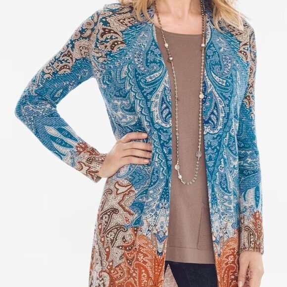 Chicos Cool Warm Mixed Paisley Print Open Front Long Sleeve Cardigan Large - Picture 10 of 11